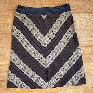 Vintage Silk Skirt Size XS 26" Waist Y2K Geometric Lace Print A-Line Brown/Black